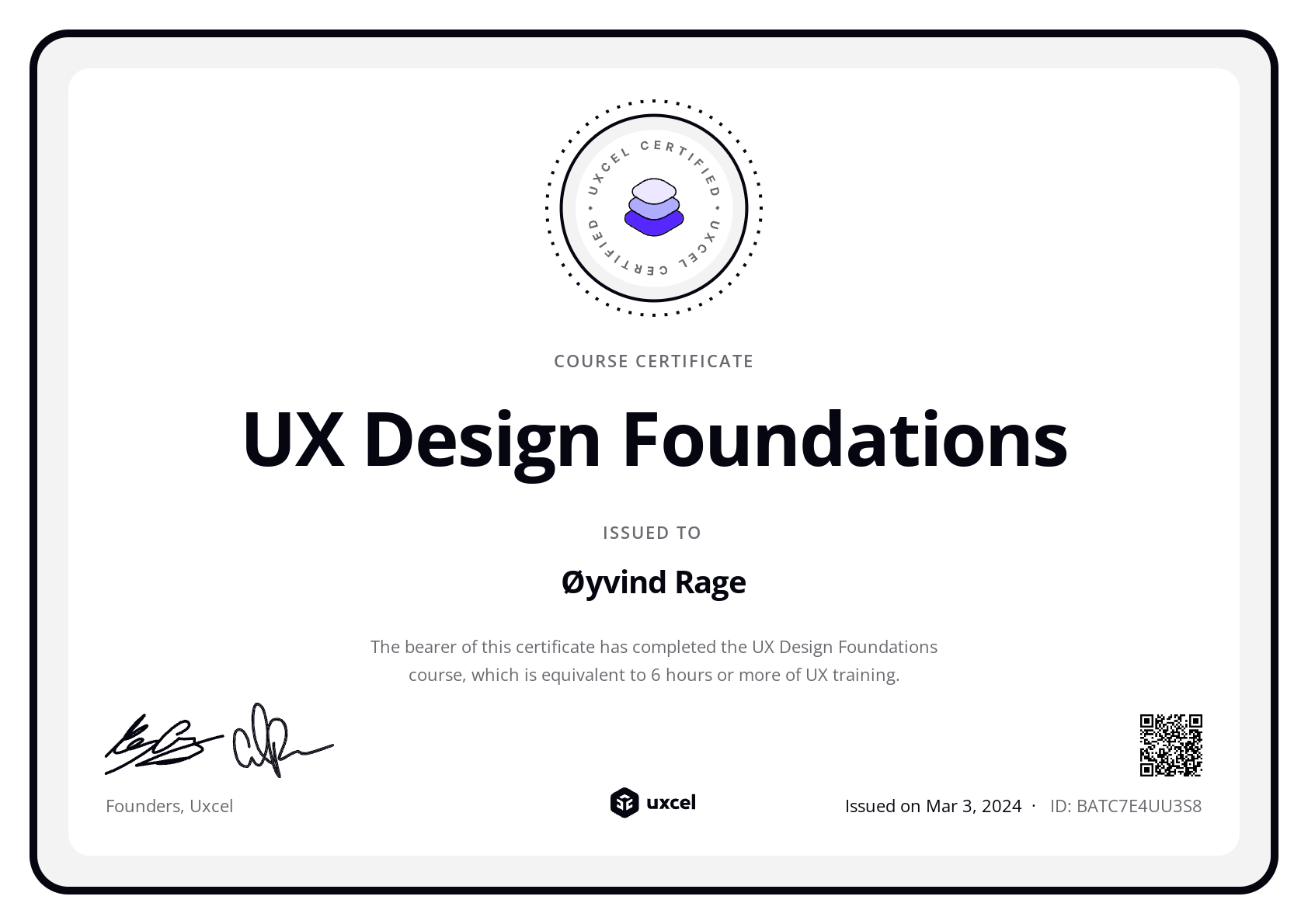 Øyvind Rage's certificate